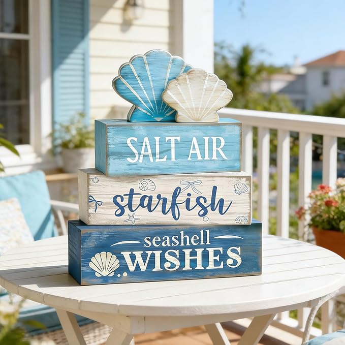 4 Pcs Coastal Summer Beach Tiered Tray Decor Rustic Wooden Nautical Centerpiece Set with Shell Starfish Farmhouse Style Beach Room Decor Summer Tiered Tray Decor