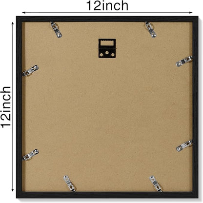Vittanly 12x12 Picture Frames Set of 4, Display Pictures 8x8 with Mat or 12x12 without Mat, Gallery Wall Frame Set for Wall Mounting, Engineered Wood with Shatter Resistant Plexiglass, Black