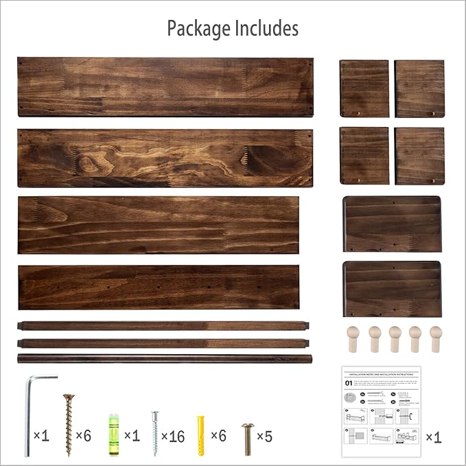 AZSKY 16 Inch Nursery Book Shelves Wall Floating Bookshelf with Hook Deep Walnut Hanging Book Shelf Toddler Room for Kids Room Bedroom Bathroom Living Room Kitchen Set of 3