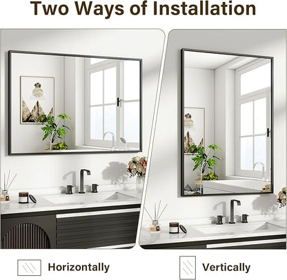 HARRITPURE 24"x32" Framed Bathroom Mirror for Wall Rectangle Mirror Aluminum Alloy Frame Wall-Mounted for Farmhouse Entryway Bedroom Living Room Black