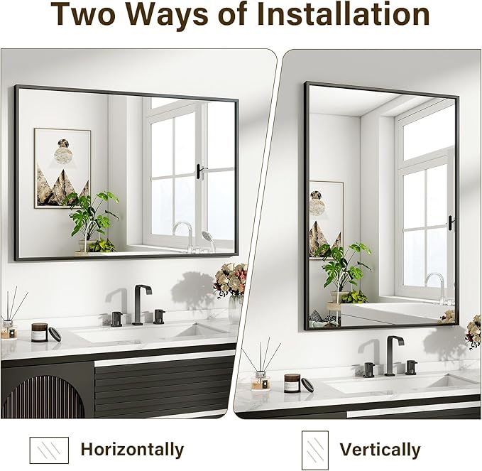 HARRITPURE 38"x26" Rectangular Bathroom Mirror Vanity Wall Mirrors Aluminium Alloy Frame Wall-Mounted for Over Sink Entryway Bedroom Living Room Black