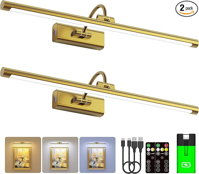 24" Brass Picture Art Light with 1pcs Extra 8000mAh Battery - 2 Pack Wireless Dimmable Wall Mount for Oversized Paintings, Posters & Mirror