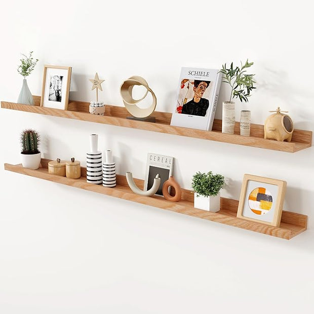 Axeman Oak Picture Ledge Shelf, 55 Inch Floating Shelves Set of 2, Solid Oak Wood Wall Shelves with Lip, Wall Decor Storage for Bedroom Living Room Bathroom Kitchen Nursery Photo Picture, Natural Oak