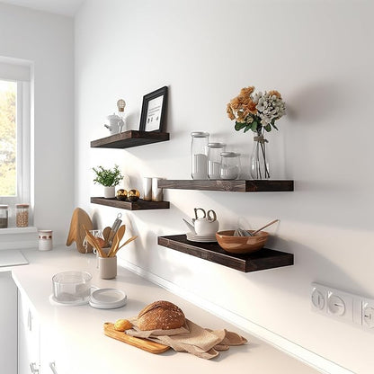 Brown Wood Floating Shelves for Wall Rustic Wall Shelf for Bedroom Living Room Set of 6