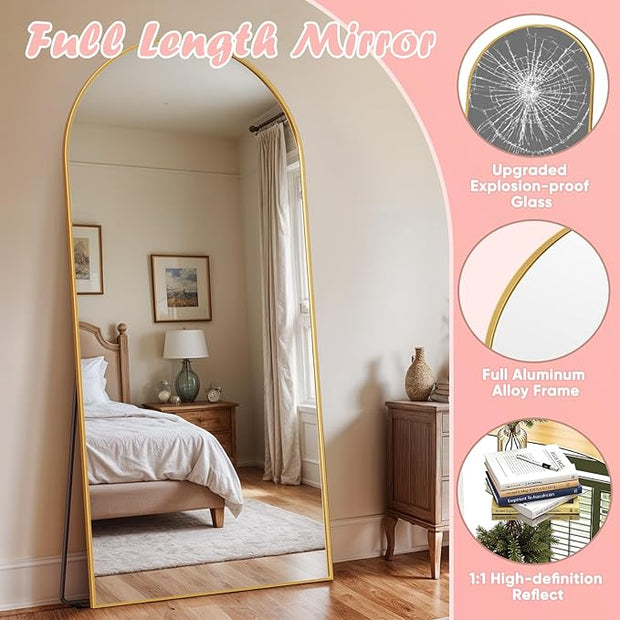Full Length Mirror, 71" x 28" Arched Full Body Mirror Large Standing Floor Mirrors, Mirrors for Bedroom, Bathroom, Living Room Standing or Wall Leaning, Gold