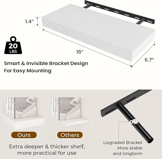 Dreamland 16 Inch Long Floating Shelves in White,6.7 Inch Deep Floating Shelf for Wall,Large Display & Storage Shelf, Wall Shelf for Bathroom Bedroom Living Room Kitchen Office，Set of 2
