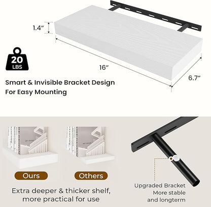 Dreamland 16 Inch Long Floating Shelves in White,6.7 Inch Deep Floating Shelf for Wall,Large Display & Storage Shelf, Wall Shelf for Bathroom Bedroom Living Room Kitchen Office，Set of 2