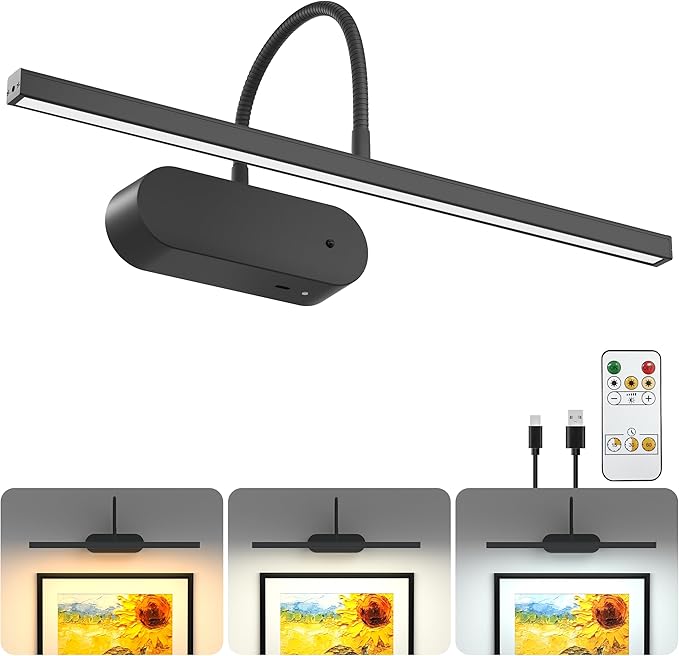 Bridika Picture Light for Wall with Remote, 15.75in Rechargeable Battery Wall Light for Paintings, 3 Colors dimmable Art Light with Timer Black 1 Pack