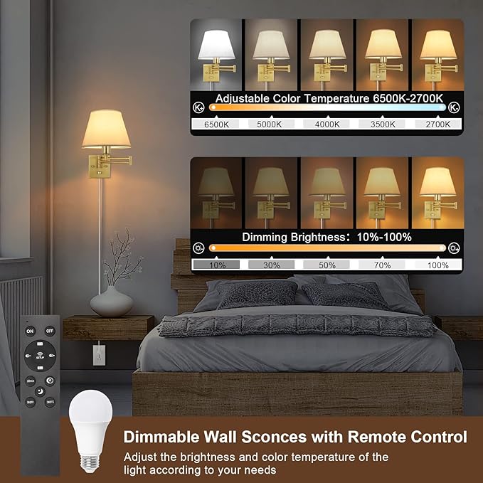 TRLIFE Dimmable Wall Sconce, Remote Control Dimming 10-100% and Adjustable Color Temperature 2700K-6500K Brushed Brass Swing Arm Wall Lights with Plug in Cord, 9.4