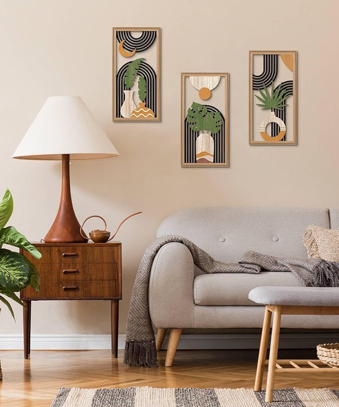 Putuo Decor Boho Abstract Wall Art Set of 3, Modern Minimalist Wooden Wall Decor, Geometric Aesthetic Botanical Artwork, Mid-Century Modern Design for Living Room, Bedroom, Office, Black 16.5 x 8.6