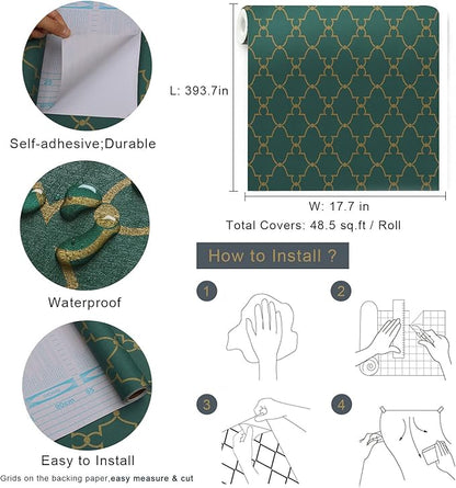 Timeet Modern Wallpaper Peel and Stick Geometric Gold and Green Contact Paper 17.7"x393.7" Removable Self Adhesive Wallpaper for Bedroom Living Room Wall Decor Vinyl