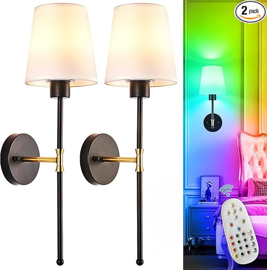 Depuley Battery Operated Wall Sconce: Set of 2 Wireless Wall Lights with Remote for Bedroom - Rechargeable 15 Colors Black and Gold Wall Lamp for Living Room Hallway