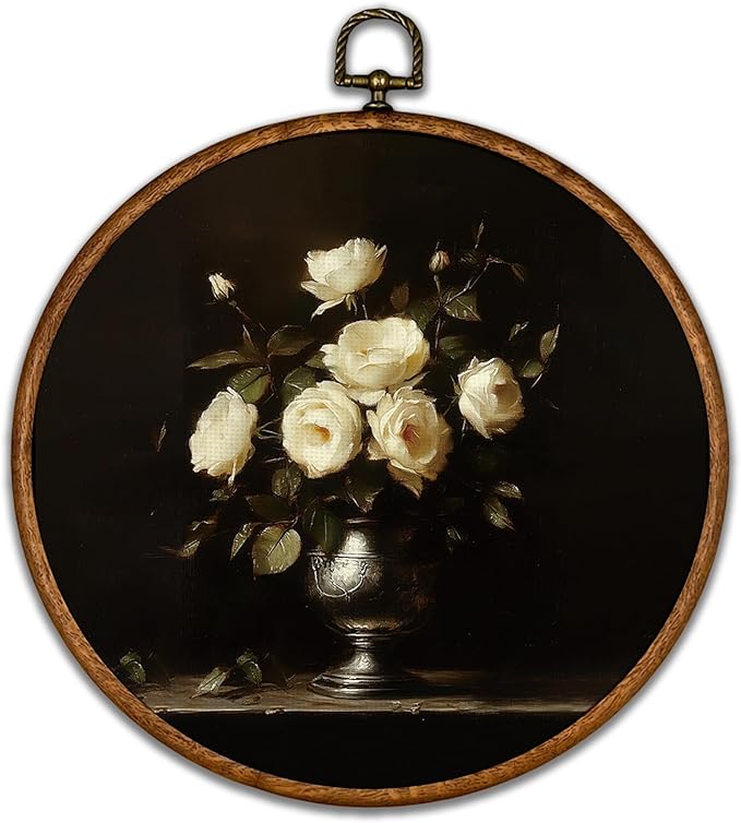 KSDUT Retro Aesthetic White Floral Wall Art Decor - Dark Botanical Neutral Mid Century Modern Wall Art Canvas Frame Hanging Prints, Vintage Landscape Round Wall Art Decor for Home Decorations 10"x10"