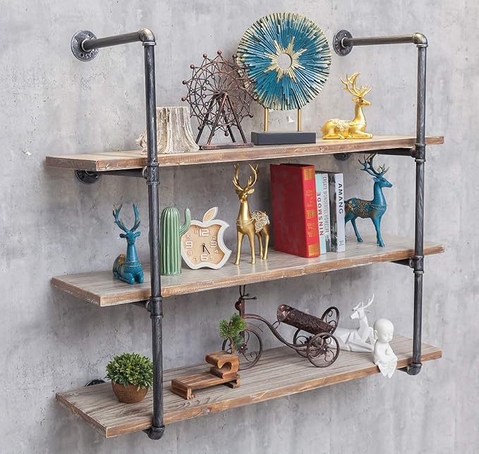Industrial Wall Mounted Iron Floating Pipe Shelves/Shelving/Racks/Storage/Bookcases/Brackets, DIY Open Bookshelves/Shelving for Kitchen/Office, Retro Black,(4-Tier Shelf Brackets,Not Include Planks)