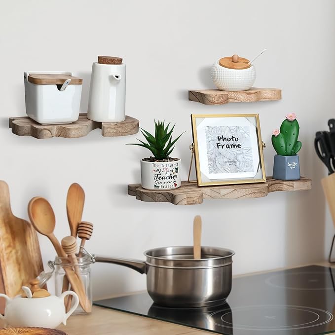 Suzile Set of 3 Small Rustic Wave Edge Floating Shelf 3 Size Live Edge Wooden Shelf with Metal Bracket Wall Mounted Display Ledge Shelves Farmhouse Vintage Wall Decor for Living Room Bedroom (Walnut)