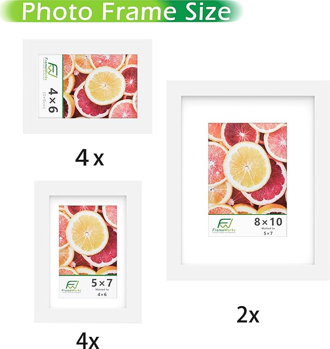 FrameWorks 10-pc Set Collage Wall Classic Wooden Picture Frames Tempered Glass/White / 2-8"x10", 4-5"x7", 4-4"x6"