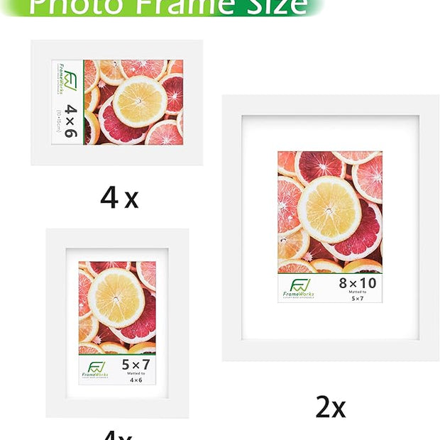 FrameWorks 10-pc Set Collage Wall Classic Wooden Picture Frames Tempered Glass/White / 2-8"x10", 4-5"x7", 4-4"x6"