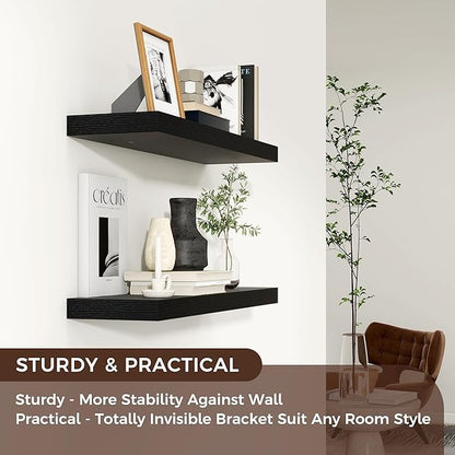 Floating Shelves for Wall 24"W x 6.7"D x 1.37"H, Engineered Wood Wall Shelves with Invisible Brackets for Living Room Bedroom Bathroom Office Kitchen Decor and Storage, Black Finish, Set of 2