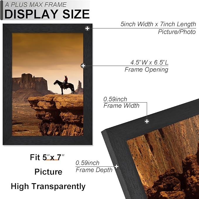A PLUS MAX 5x7 Picture Frame, Engineered Wood Frame Display Photo 4x6 with Mat or 5 x 7 without Mat, 5 by 7 Frame with Black Wood Grain for Wall - 1 Pack/Black/5
