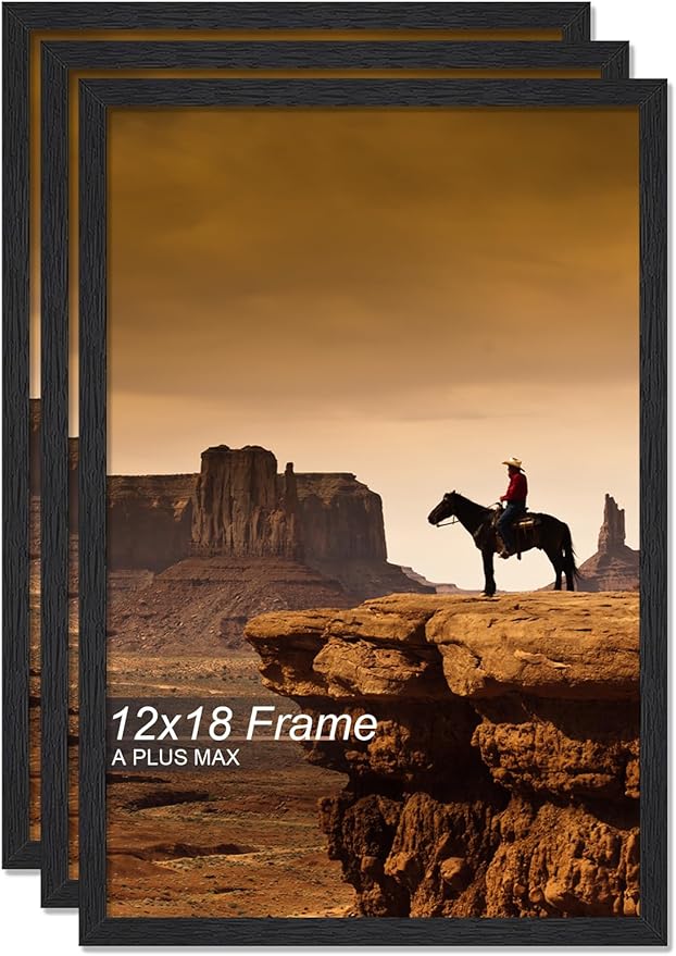 A PLUS MAX 12x18 Picture Frame Set of 3, Black Engineered Wood Frame for 12 x 18 Inch Picture Poster Photo, Light Weight 12 by 18 Frame with Wood-grain for Wall - 3 Pack/Black/12 x18