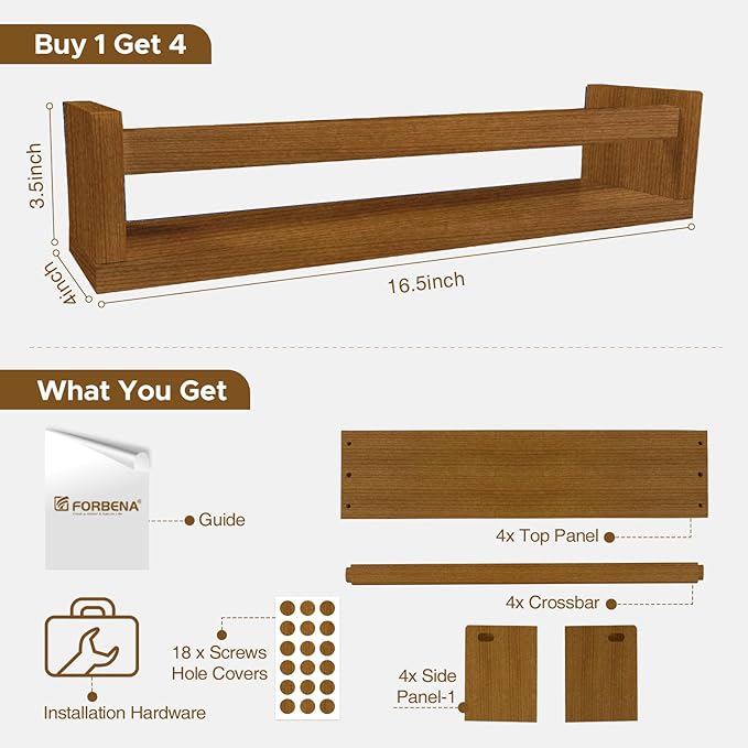 Forbena Walnut Brown Nursery Bookshelf Wall Mounted, Wooden Floating Book Shelves for Wall, Nursery Hanging Bookshelves for Baby Toddlers Kids Room Bedroom (Pine Wood, Walnut Color, 4-Pack)