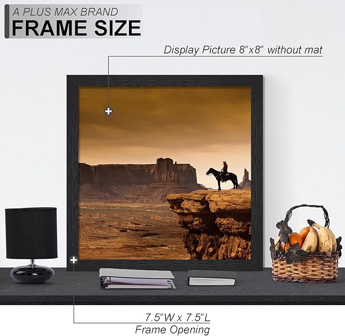 A PLUS MAX 8x8 Picture Frame Set of 2, Black Engineered Wood Frame for 8 x 8 Inch Picture Poster Photo, Light Weight 8 by 8 Frame with Wood-grain for Wall - 2 Pack/Black/8