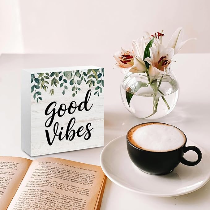 Botanical Eucalyptus Leaves Wood Box Sign Desk Decor, Good Vibes Rustic Eucalyptus Desk Decorative Signs for Home Office Table Shelf Cubicle Mental Health Wooden Block Box Sign