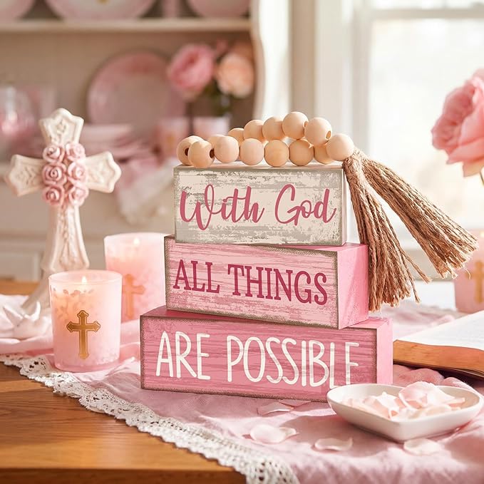 4 Pcs Christian Table Decor Pink Rustic Wooden Block Sign Set with God All Things are Possible Farmhouse Stacked Decor with Beaded Garland Tassel Christian Home Decors for Office, Shelf