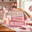 4 Pcs Christian Table Decor Pink Rustic Wooden Block Sign Set with God All Things are Possible Farmhouse Stacked Decor with Beaded Garland Tassel Christian Home Decors for Office, Shelf