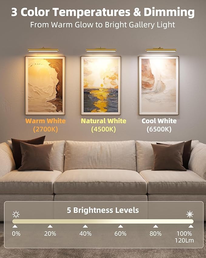 EZVALO 16'' Picture Lights for Wall, Rechargeable 6000mAh Painting Lights with Remote, Wireless Dimmable 3 Color Temperatures Art Lights for Gallery, Living Room, Hallway (Gold, 3 Pack)