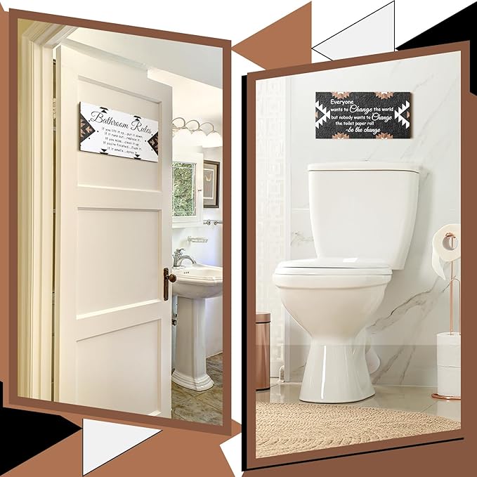 Jetec 2 Pieces Funny Bathroom Signs Bathroom Wall Decor Toilet Wall Accessories Farmhouse Toilet Rustic Wooden Signs, 12x6 Inch(Boho Style)