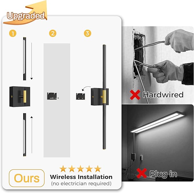 L LOHAS LED Battery Operated Wall Sconces Set of 2, Battery Wall Sconce 10000mAh, Gold and Black Rechargeable Sconces 3CCT, 23.7 Inch Wireless Wall Lights, Sconce Wall Decor for Bedroom, Living Room