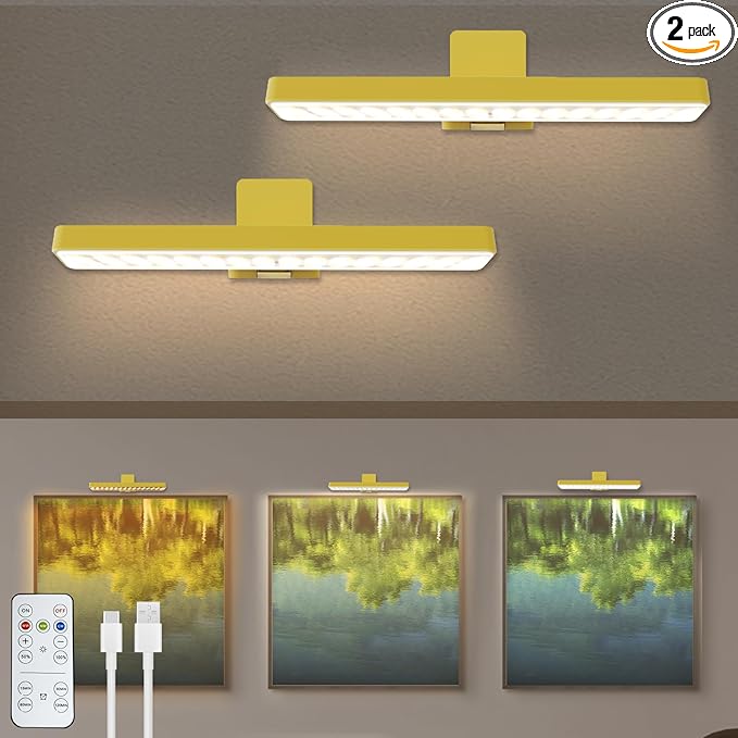 2Pack Battery Operated Picture Light, Wireless Painting Light with 3 Lighting Modes,Remote and Dimmable Timer Art Display Light for Picture Artworking Frame Portrait, Wall Decor Puck Lights