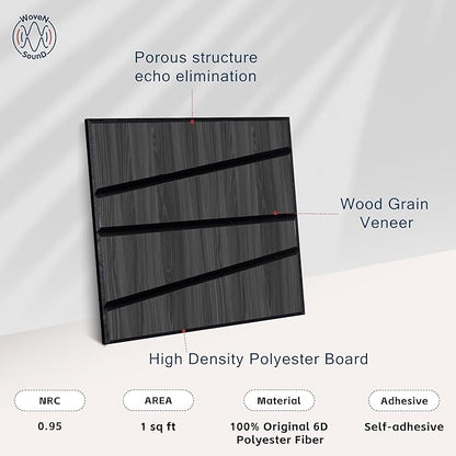 WoveN SounD Artisan Acoustic Wall Panels, 16 Pack 12x12 Inch, Wood Veneer Carved Sound Proof Wall Decor, Self-Adhesive for Home, Studio, Office & Focus Zones, Cut Prism, Black Oak