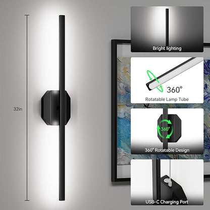 Wall Sconces Set of Two Battery Operated Wall Sconce,Wireless Wall Light USB Rechargeable Wall Light with Remote Control,3000K-6000K Dimmable for Bedroom,Living Room,Hallway,Background Wall Decor 32in