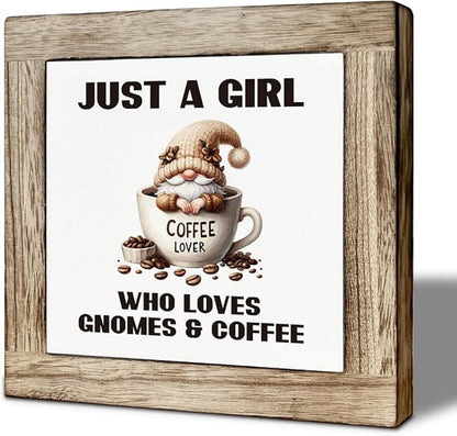 Coffee Bar Decor, Just a Girl Who Loves Gnomes & Coffee Wooden Box Sign, Funny Gnome Wooden Block Sign, Bar Decorations for Home, Rustic Wood Table Top Decor 5.9×5.9 inch