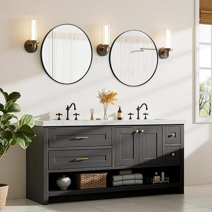 Bathroom Mirror for Wall, 30 Inch Round Mirror, Matte Black Metal Framed Circle Vanity Mirror for Bathroom Bedroom Living Room Entryway, Anti-Rust, Tempered Glass, Hanging or Leaning
