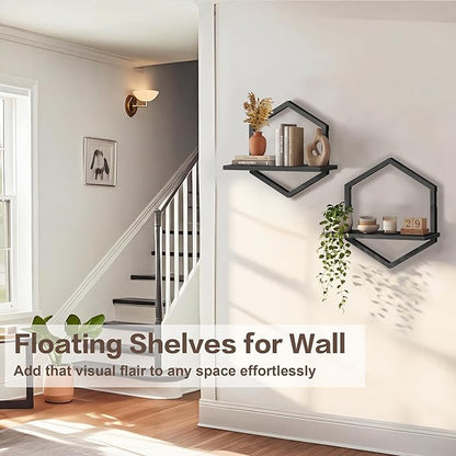 KALYLOC Floating Shelves for Wall, Hanging Shelves Wall Shelf for Plants, Decorative Wall Mounted Shelves for Living Room Bedroom Bathroom Home Office Kitchen, Black Wood Set of 2