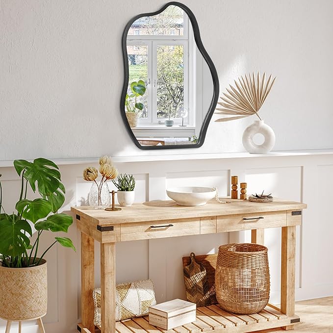 Wall Mirror Irregular Wavy Mirror Modern Wood Frame Mirror Unique Shape Asymmetrical Wall Vanity Artistic Mirror Decor for Living Room Bedroom Bathroom Entryway Hallway Black Large