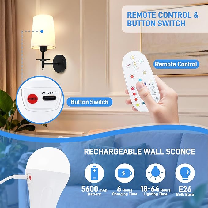Battery Operated Wall Sconces Set of Two, Wireless Wall Sconces with Remote Control, 3CCT Dimmable Rechargeable Wall Lights, Black Wall Lamps for Bedroom, Living Room, RGB Bulbs Included, ETL Listed