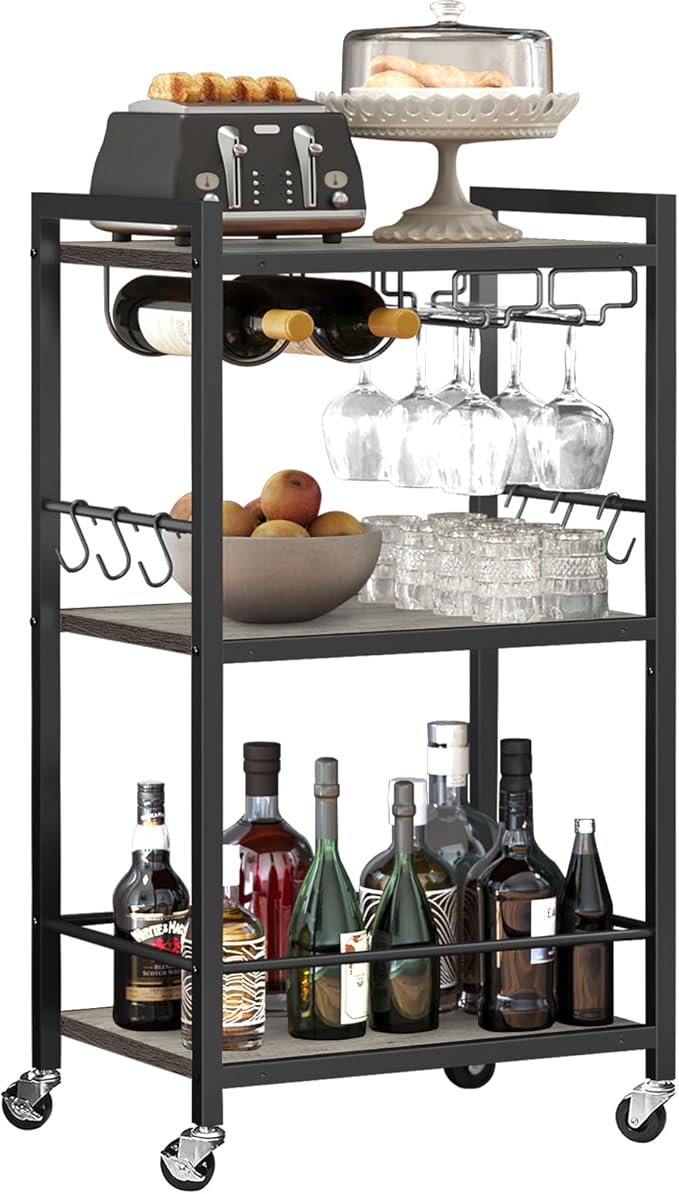 TUTOTAK Bar Cart, Home Bar Serving Cart, Microwave Cart, Drink Cart, Mobile Kitchen Shelf with Wine Rack and Glass Holder, Rolling Beverage Cart for Living Room, Kitchen, Greige BC01BG032