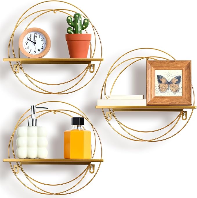 3 Pcs Gold Floating Shelves Wall Mounted Hanging Shelf with Gold Metal Wire and Wood, Foldable Round Shelf Wall Decor for Storage Bedroom Bathroom Living Room Kitchen Office Home Decoration