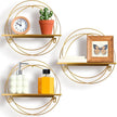 3 Pcs Gold Floating Shelves Wall Mounted Hanging Shelf with Gold Metal Wire and Wood, Foldable Round Shelf Wall Decor for Storage Bedroom Bathroom Living Room Kitchen Office Home Decoration