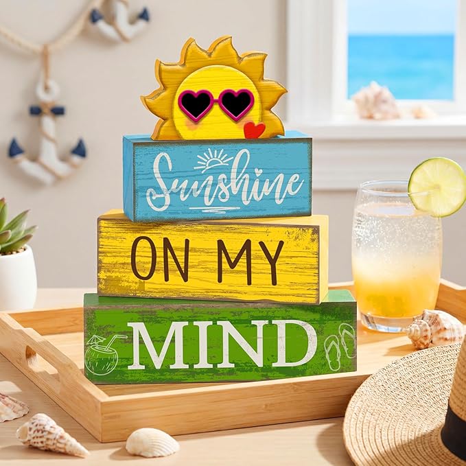 4 Pcs Summer Table Decor Wooden Sunshine Beach Tiered Tray Decor Rustic Farmhouse Sunshine Block Signs Gifts Summer Table Centerpieces for Home Kitchen Coffee Bar Shelf Office Decorations
