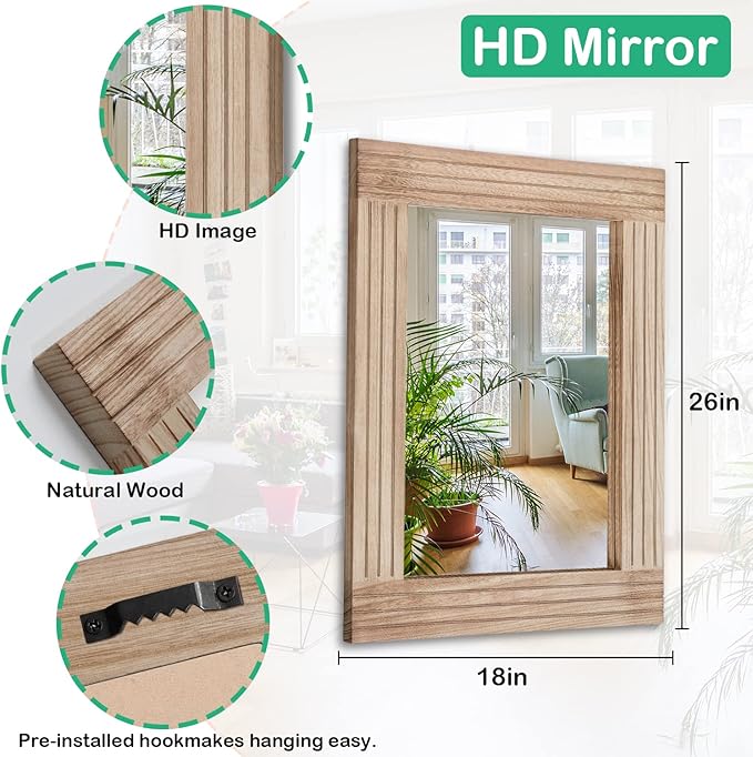 Rectangle Mirror Retro Wooden Wall-Mounted Mirrors Farmhouse Bedroom Bathroom Vanity Entrance Decorative Antique Hanging Mirror Large 26