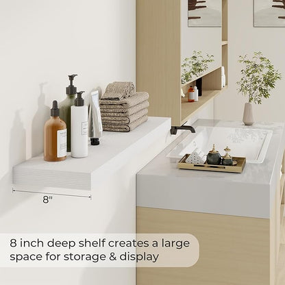 Dreamland 36 Inch Long Floating Shelves in White,8 Inch Deep Floating Shelf for Wall,Large Display & Storage Shelf, Wall Shelf for Bathroom Bedroom Living Room Kitchen Office，Set of 2