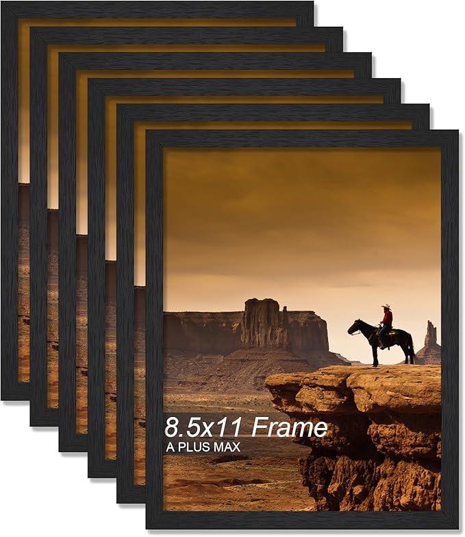 A PLUS MAX 8.5x11 Picture Frame Set of 6, Black Engineered Wood Frame for 8.5 x 11 Inch Picture Poster Photo, Light Weight 8.5 by 11 Frame with Wood-grain for Wall - 6 Pack/Black/8.5