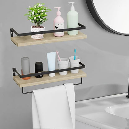 Home Decor Floating Shelves, Wall Shelves with Towel Bar, Bathroom Wall Decor, Floating Shelves Wood for Living Room/Kitchen/Bedroom, (Black-Natural) Floating Bathroom Shelves