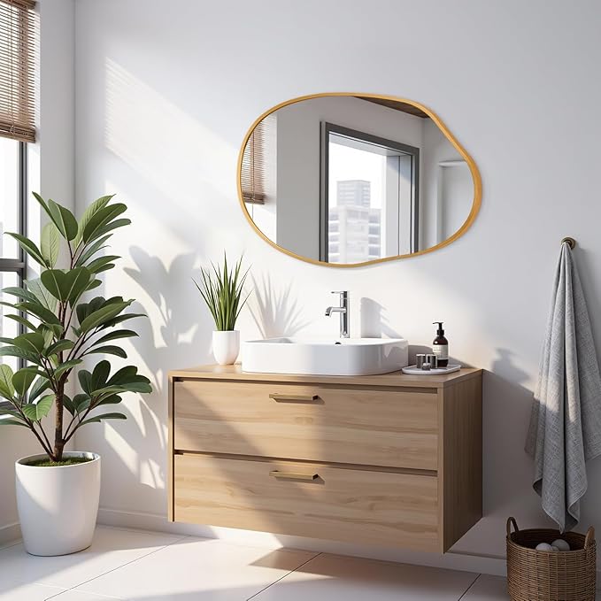 Gold Irregular Wall Mirror Aluminum Alloy Frame Asymmetrical Bathroom Mirrors Brushed Metal Vanity Wall Mounted Mirror for LivingRoom Bedroom Entryway Room Home Decor Large 22