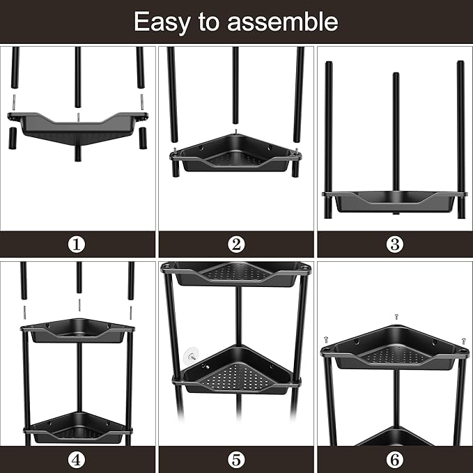 Orimade Rustproof 4 Tier Floor Standing Corner Shower Caddy Organizer, Plastic Metal Splicing Floor Corner Shelf Rack Storage Stands for Bathroom,10.8 x 10.8 x 44.6 inches, Black